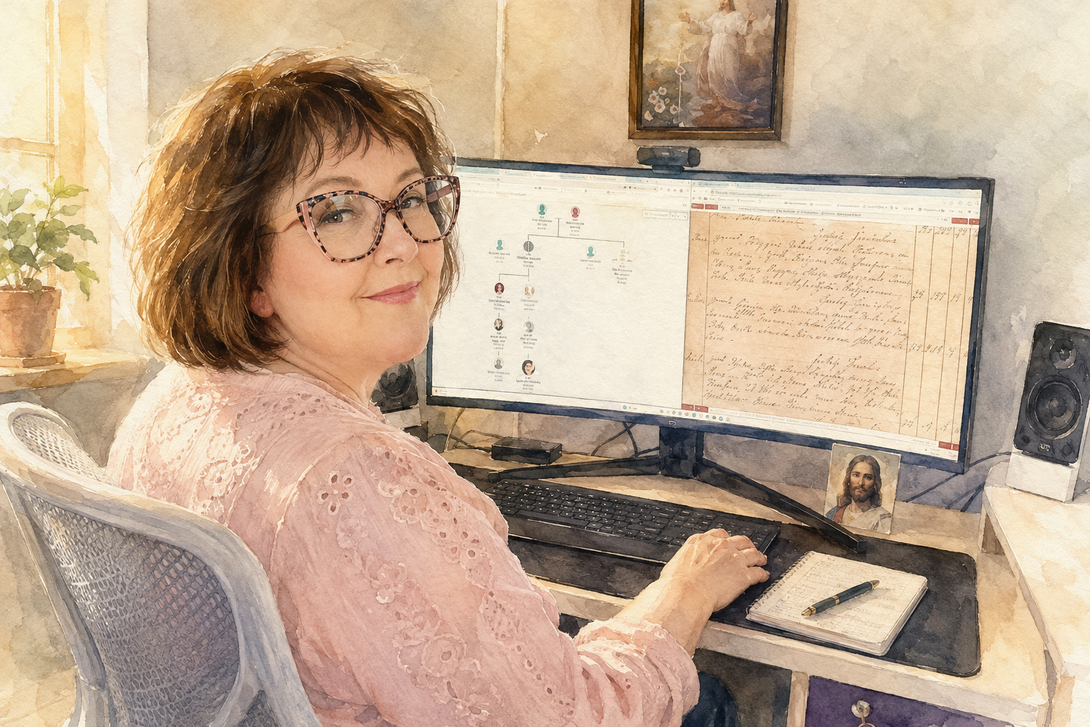 Sirpa tekemässä sukututkimusta nykyisen tietokoneensa äärellä vaaleassa akvarellikuvassa